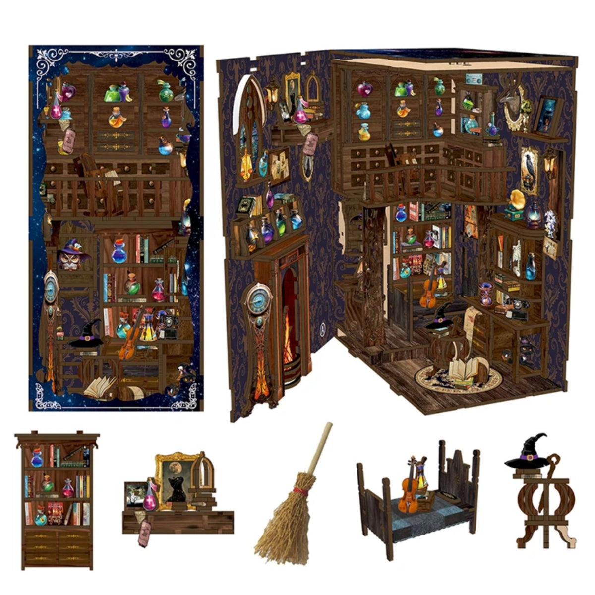 Book nook L’Atelier des Potions BV02-011, vue latérale éclairée